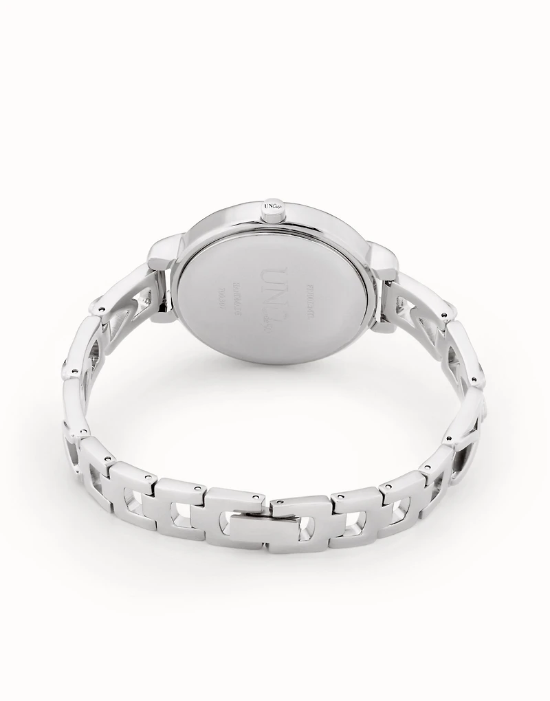 Sterling silver-plated watch with metal strap and round white dial