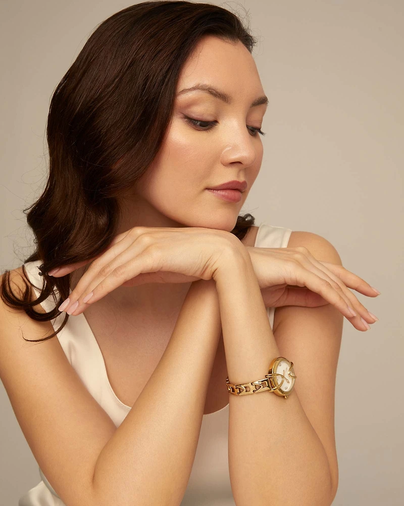 18K gold-plated watch with metal strap and round white dial