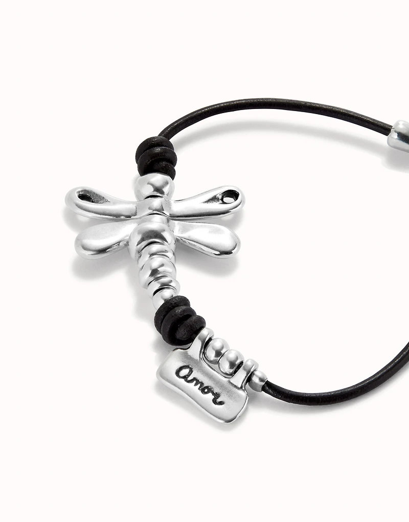 Leather bracelet with sterling silver-plated dragonfly