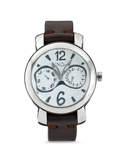 Sterling silver-plated leather and metal watch for men