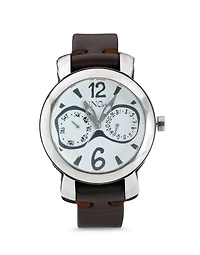 Sterling silver-plated leather and metal watch for men