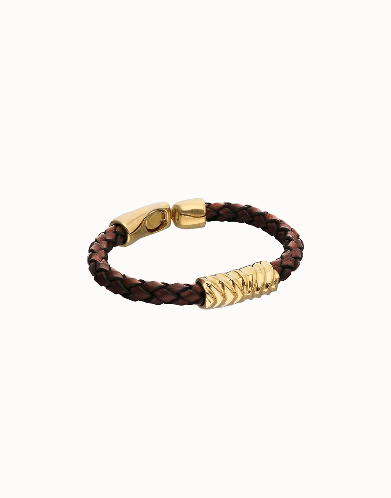 Brown braided leather bracelet with a metal detail