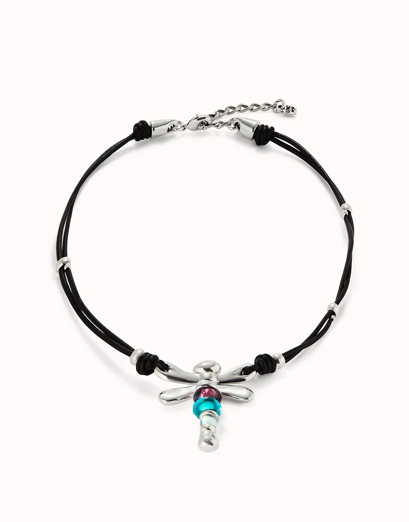 Leather pendant necklace with dragonfly