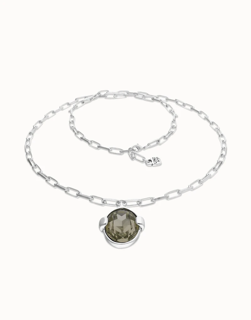Long necklace with large gray oval faceted crystal