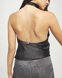 Long necklace with pendant and rectangular blue faceted crystal