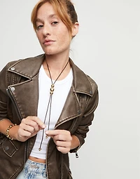 Long leather necklace with three central beads