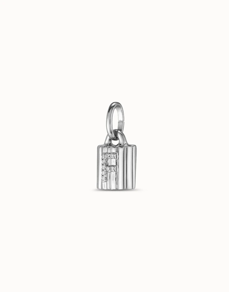 Sterling silver-plated padlock charm with topaz letter F