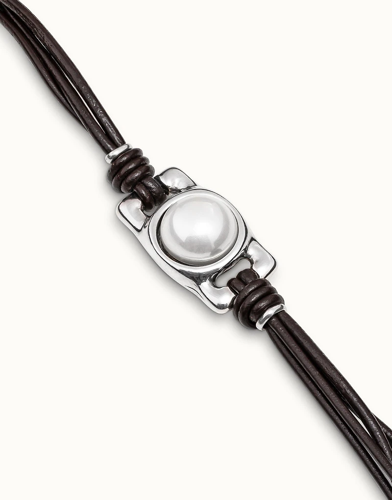Brown leather bracelet with rectangular white bead