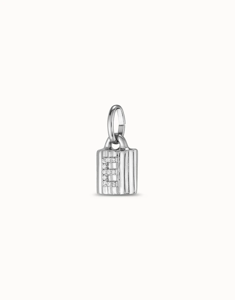 Sterling silver-plated padlock charm with topaz letter E