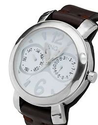 Sterling silver-plated leather and metal watch for men