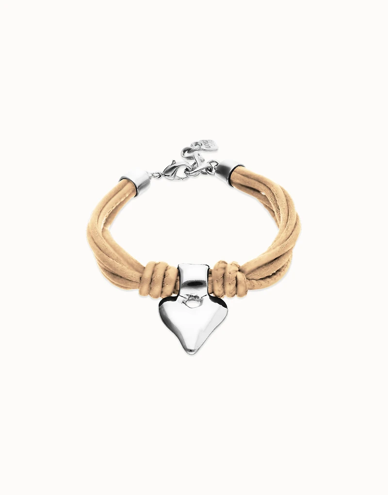 Bracelet in silk thread and camel leather with heart