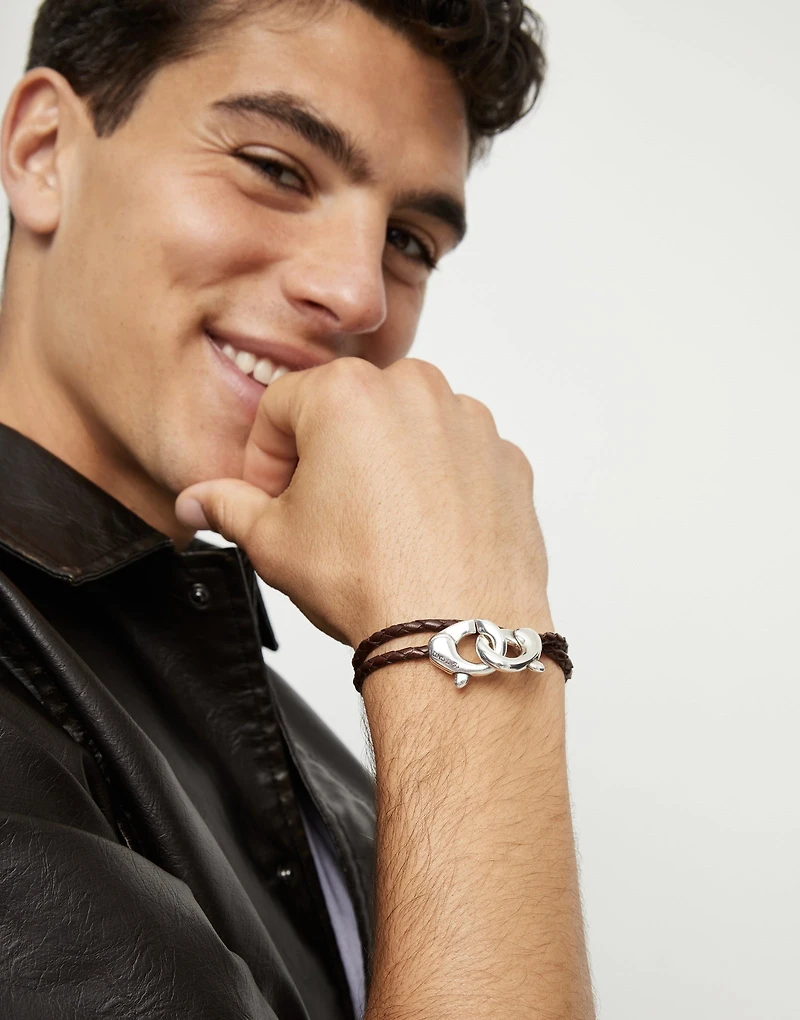 Double brown leather bracelet with interlocking carabiner