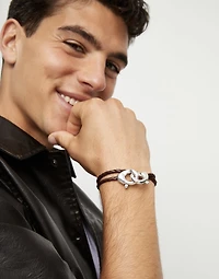 Double brown leather bracelet with interlocking carabiner