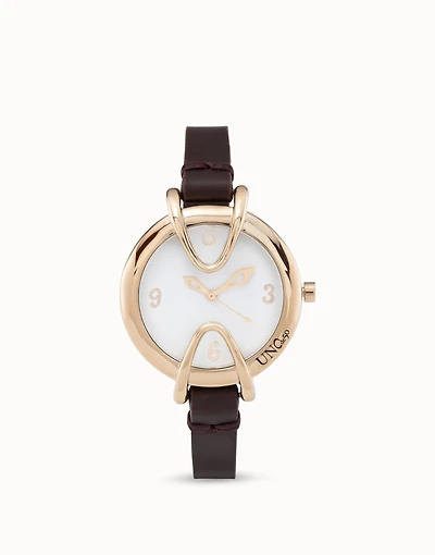 18K gold-plated watch with black leather strap and round white dial