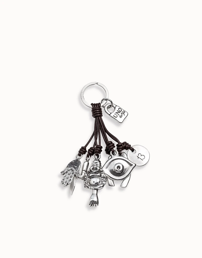 Leather key-ring and sterling silver-plated charms