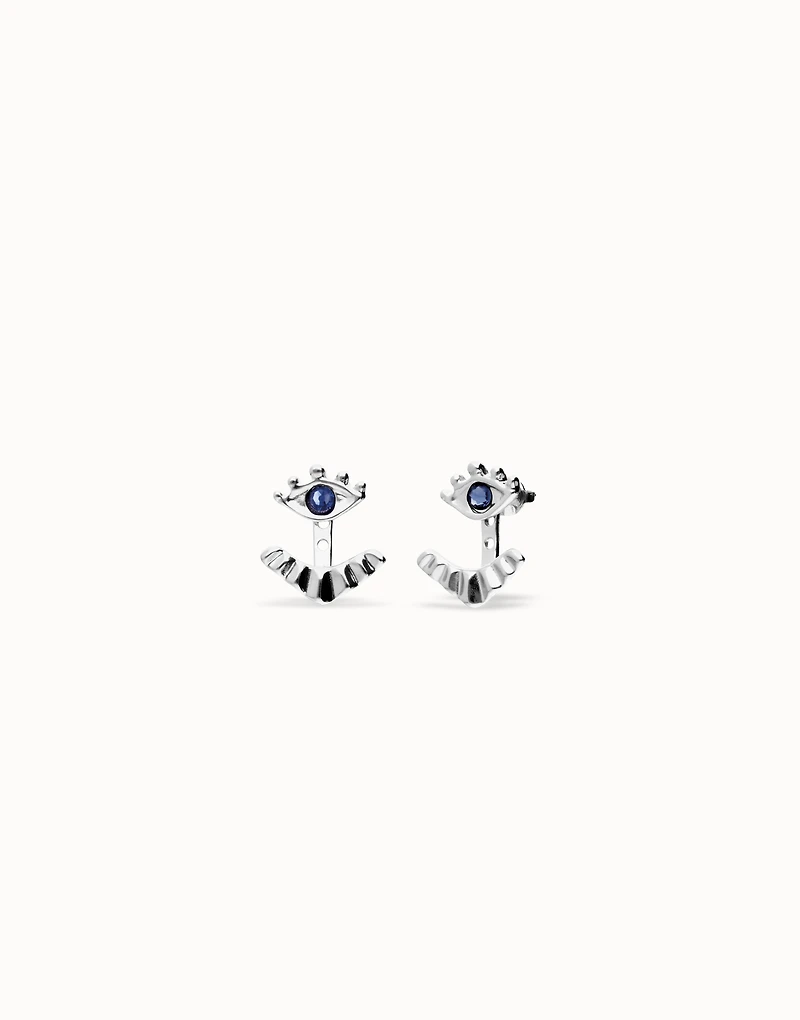 Eye-shaped stud earrings with blue crystal