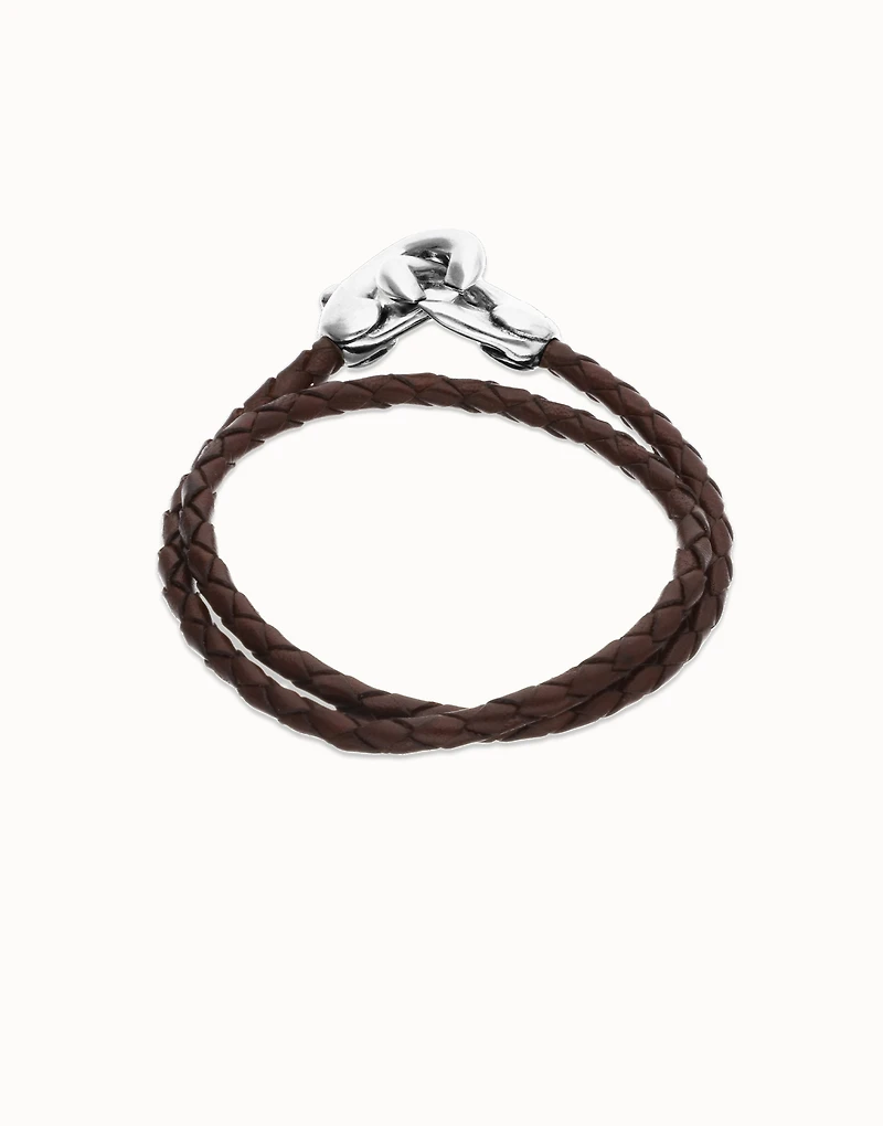 Double brown leather bracelet with interlocking carabiner