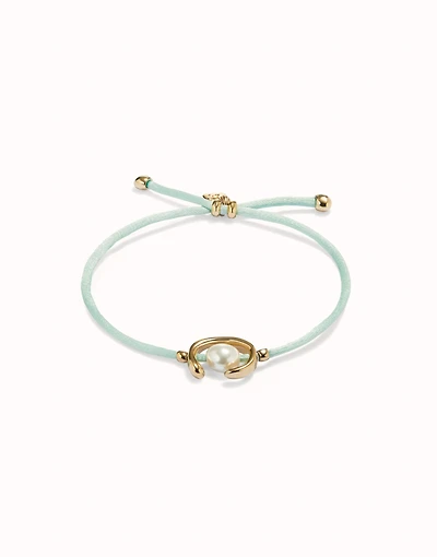 Blue green cord bracelet with a pearl