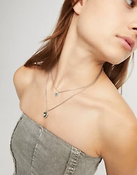 Multi-layer pendant link chain necklace with green crystal