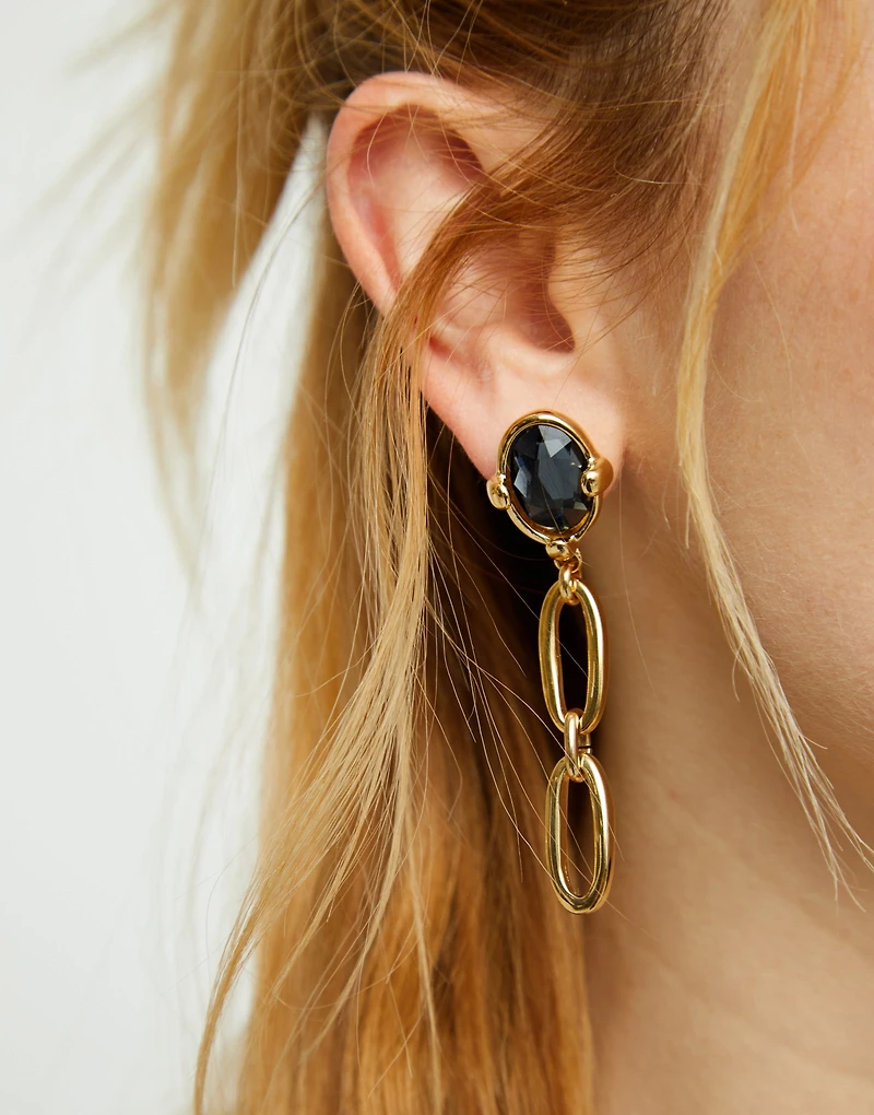 Drop earrings with faceted black crystal and links
