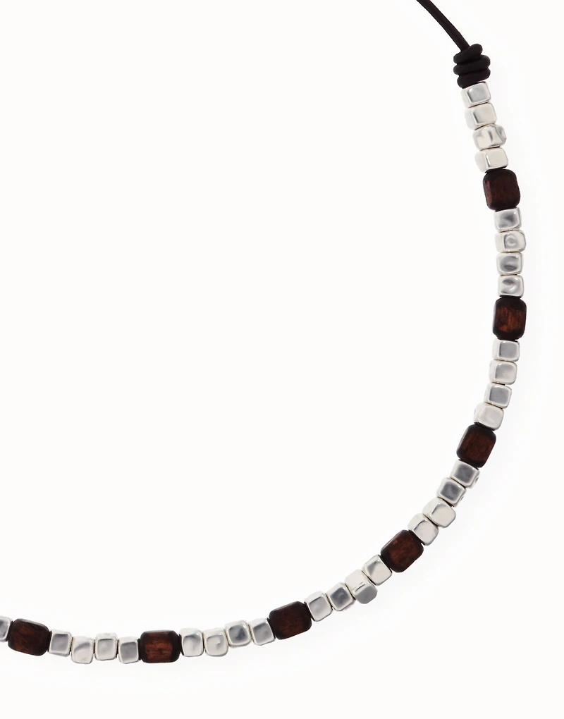 Leather necklace with silver and wooden beads