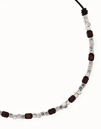 Leather necklace with silver and wooden beads