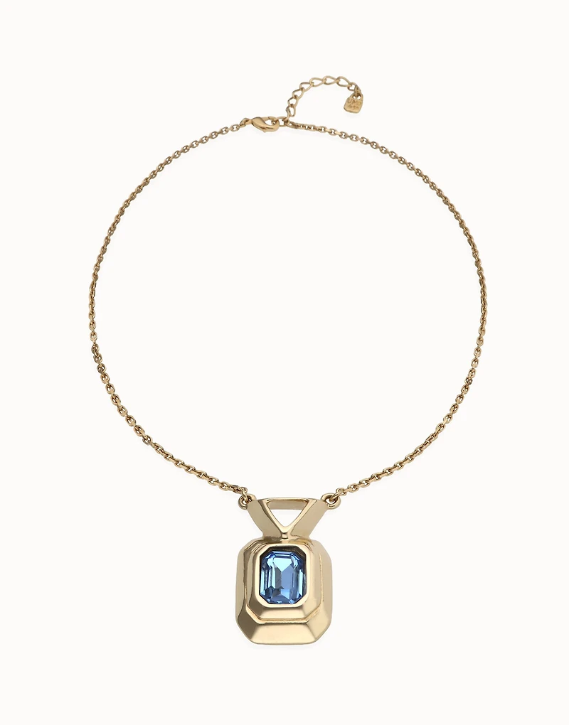 Necklace with rectangular blue faceted crystal