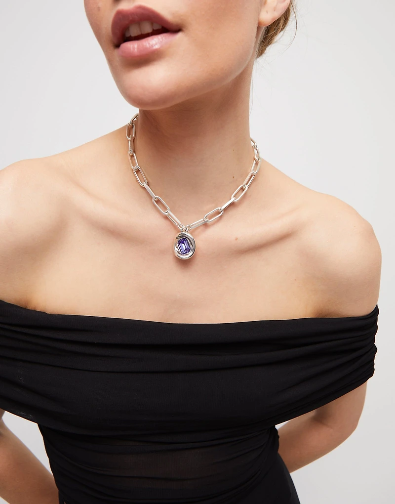 Short link chain pendant necklace purple crystal