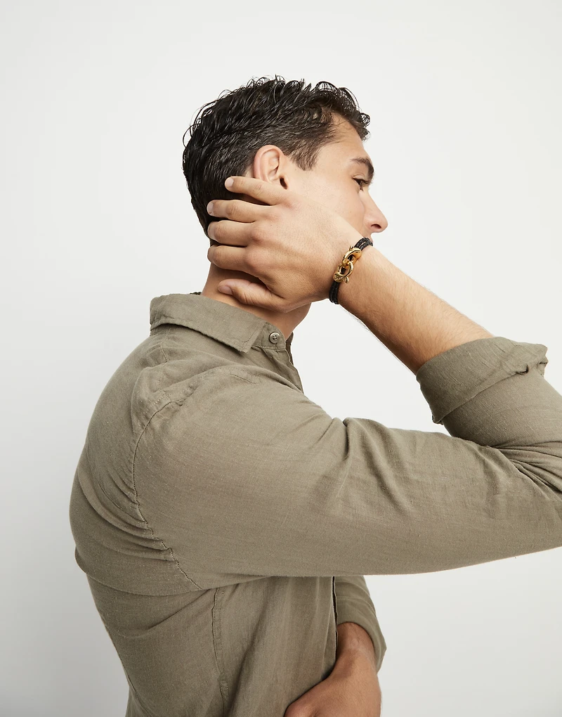 Double black leather bracelet with interlocking carabiner