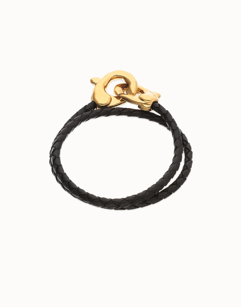 Double black leather bracelet with interlocking carabiner