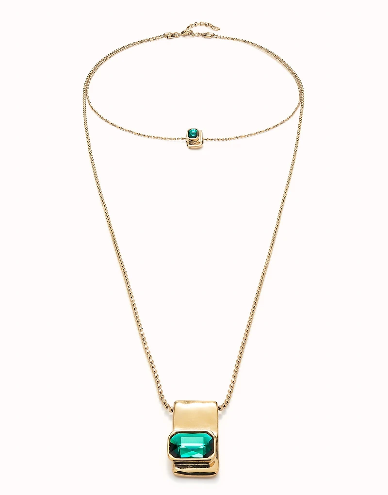 Double strand chain necklace with green crystals