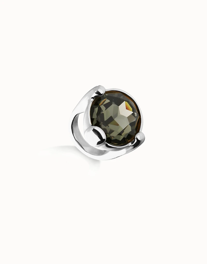 Large ring with grey oval faceted crystal