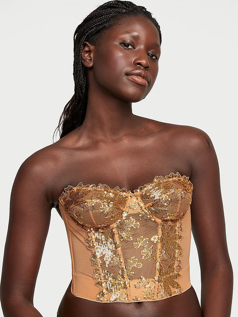 Gold Sequined Ziggy Glam Floral Embroidery Unlined Corset Top