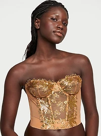 Gold Sequined Ziggy Glam Floral Embroidery Unlined Corset Top
