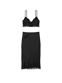 Satin Rose Lace-Trim Bralette & Midi Skirt Set