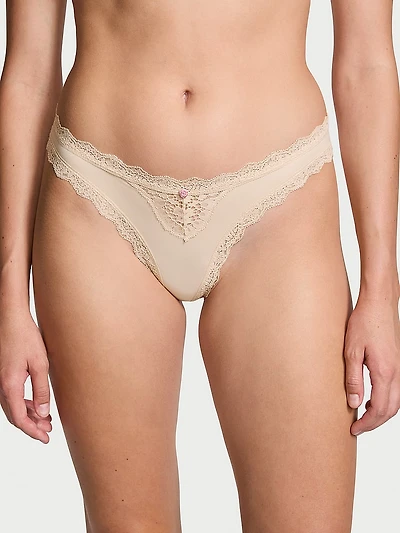 Lace Rhinestone Heart Hardware Thong Panty