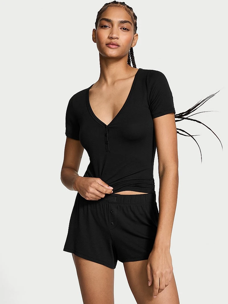 Ribbed Modal Short-Sleeve Henley & Boxer Shorts Set