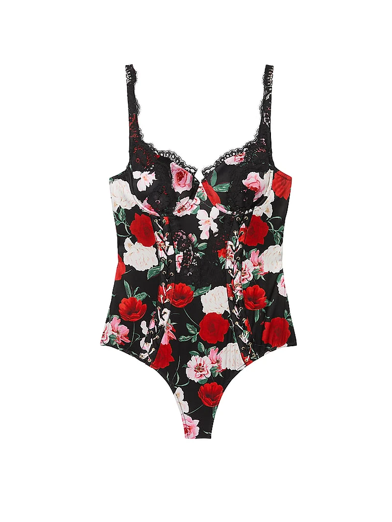 Atelier Victoria's Secret Noir Satin Lace-Trim Cupped Bodysuit