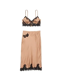 Satin Rose Lace-Trim Bralette & Midi Skirt Set