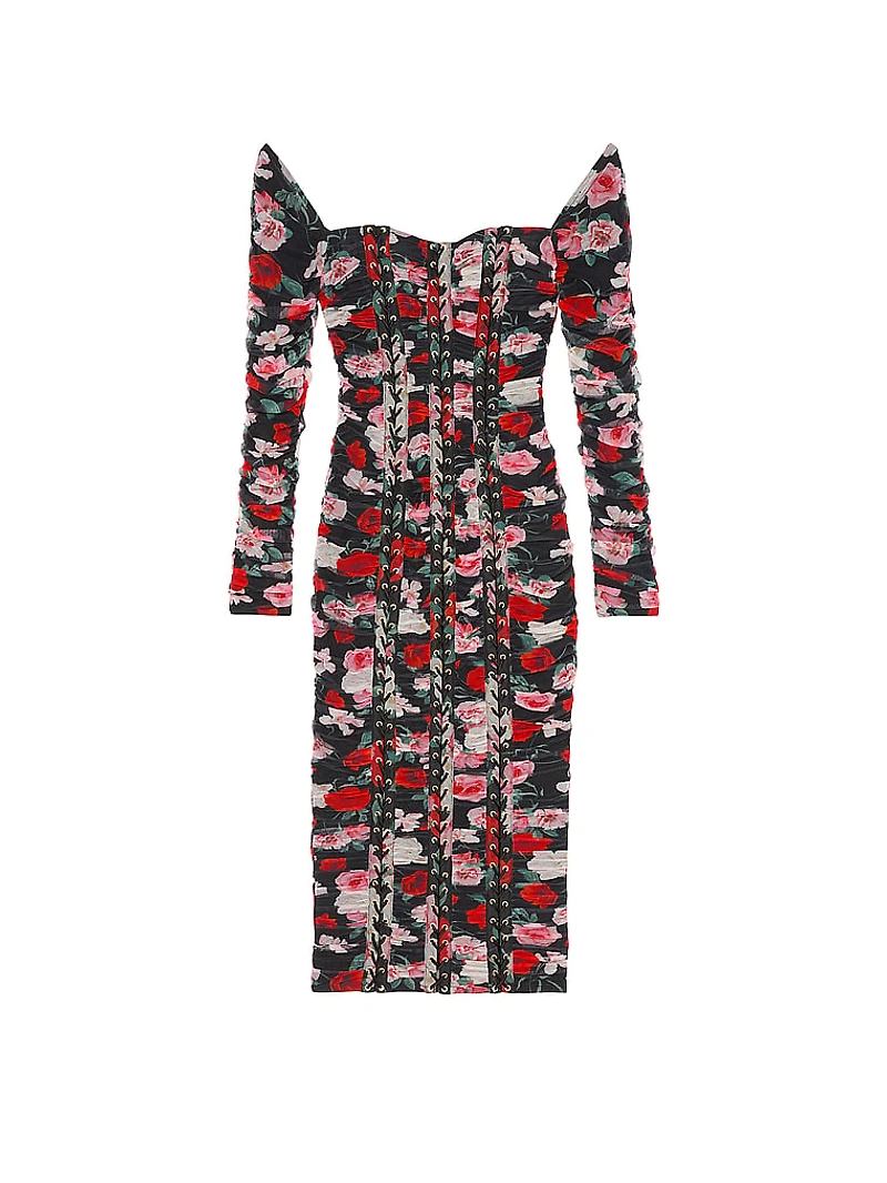 Atelier Victoria's Secret Noir Floral Shirred Mesh Lace-Up Midi Dress
