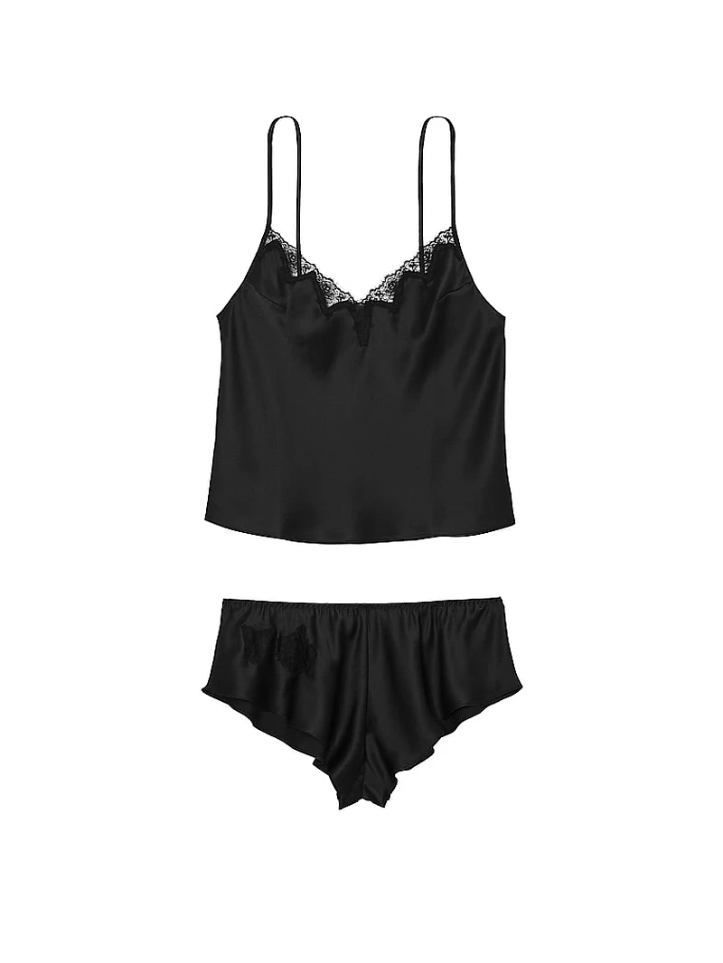 Satin Rose Lace-Trim Cami & Flutter Short Set
