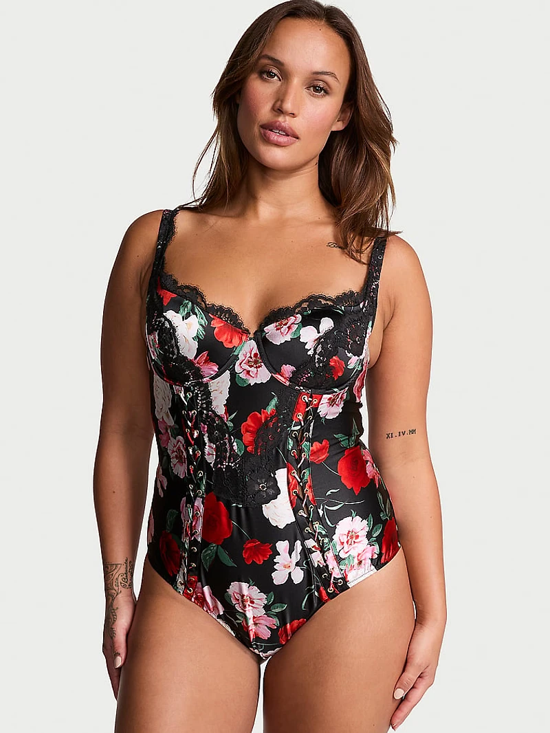 Atelier Victoria's Secret Noir Satin Lace-Trim Cupped Bodysuit