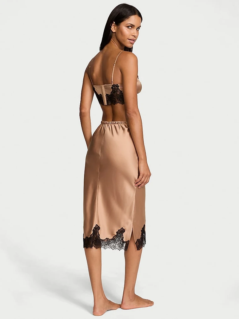 Satin Rose Lace-Trim Bralette & Midi Skirt Set