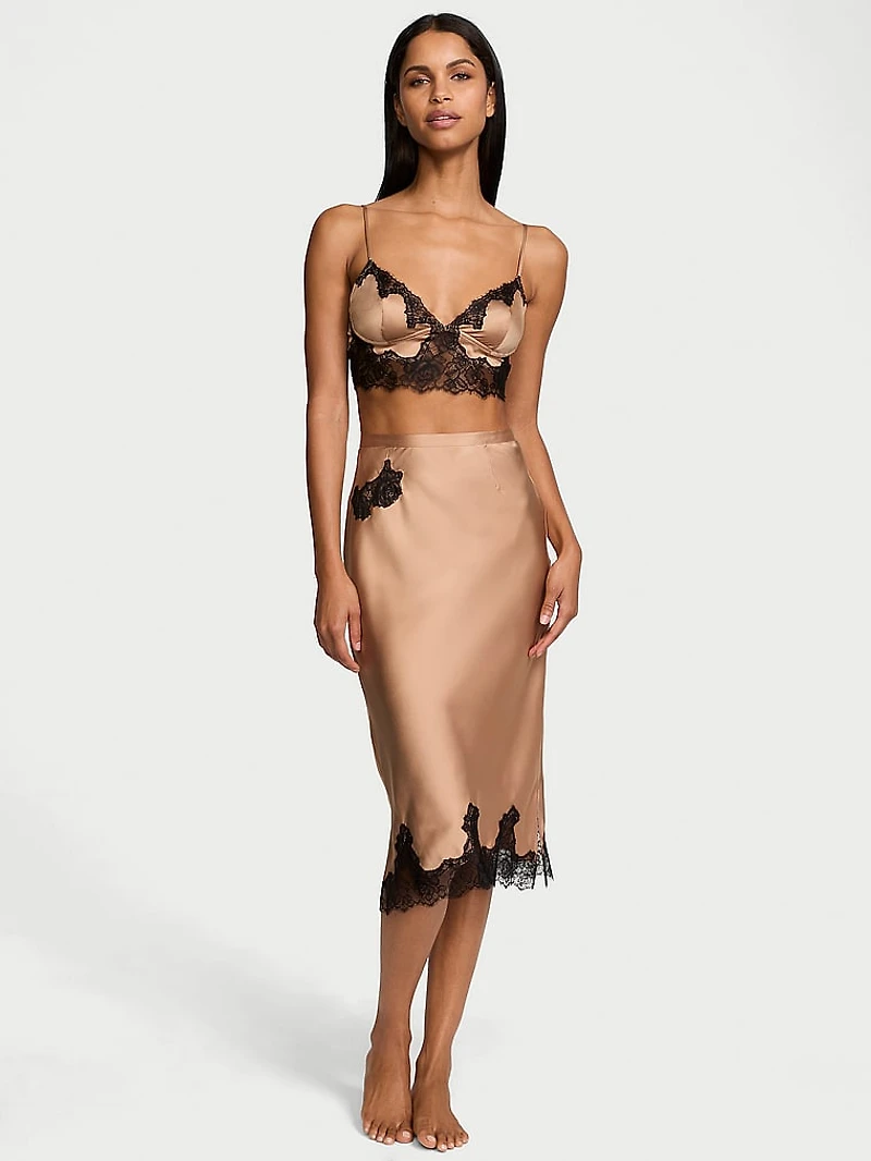 Satin Rose Lace-Trim Bralette & Midi Skirt Set