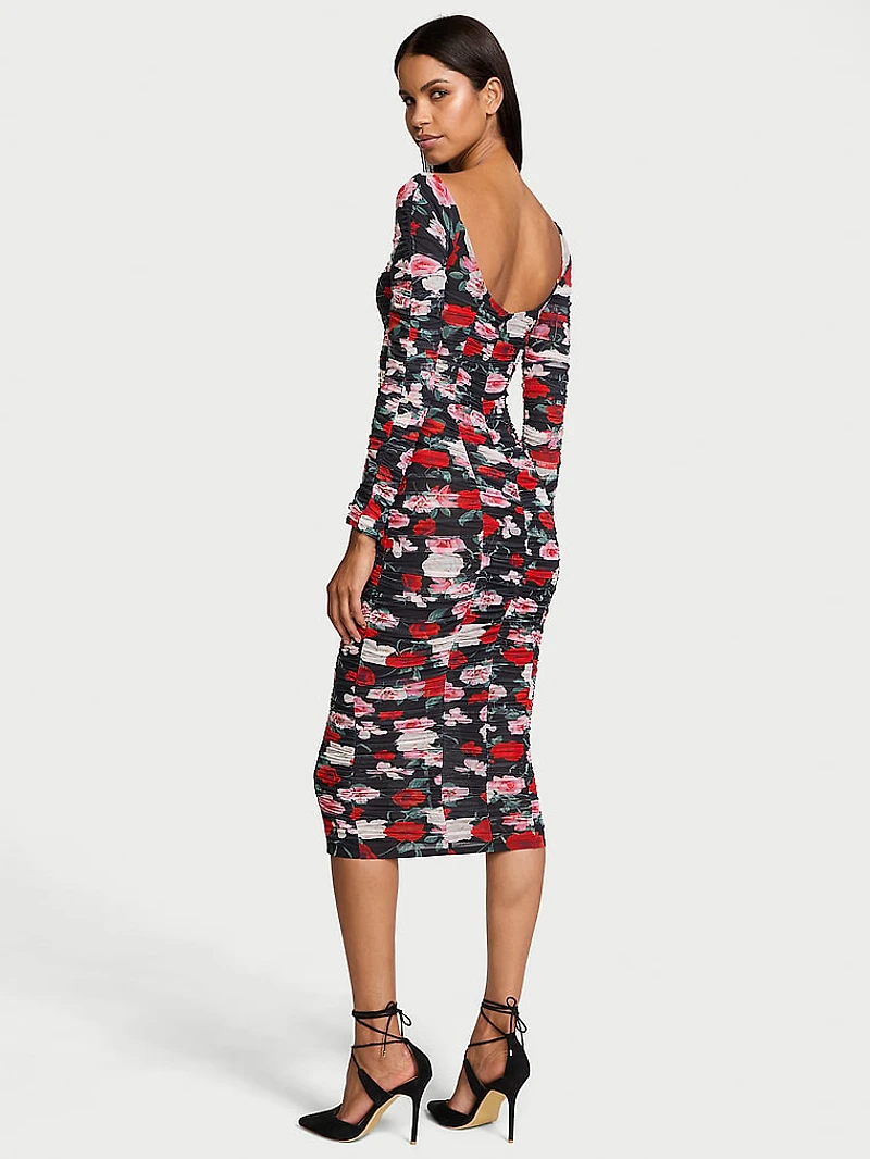 Atelier Victoria's Secret Noir Floral Shirred Mesh Lace-Up Midi Dress