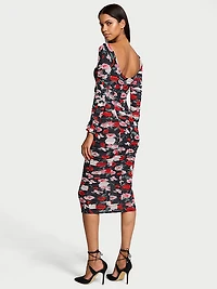 Atelier Victoria's Secret Noir Floral Shirred Mesh Lace-Up Midi Dress
