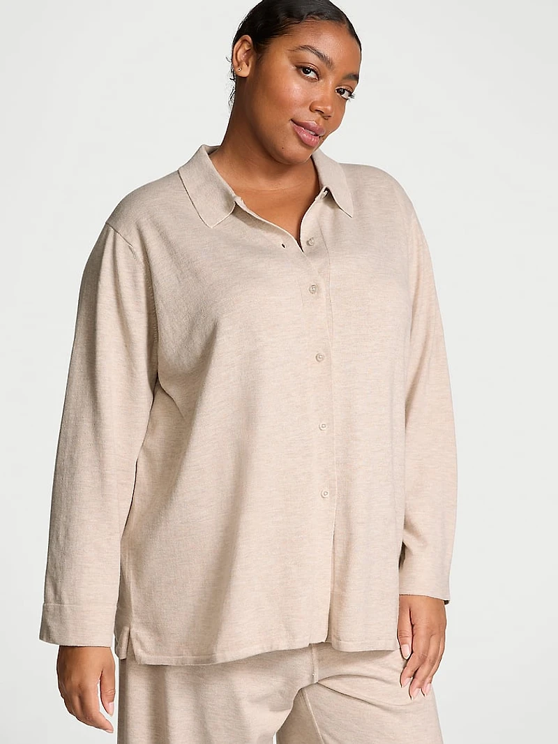 Luxe Crème Knit Button-Up Shirt