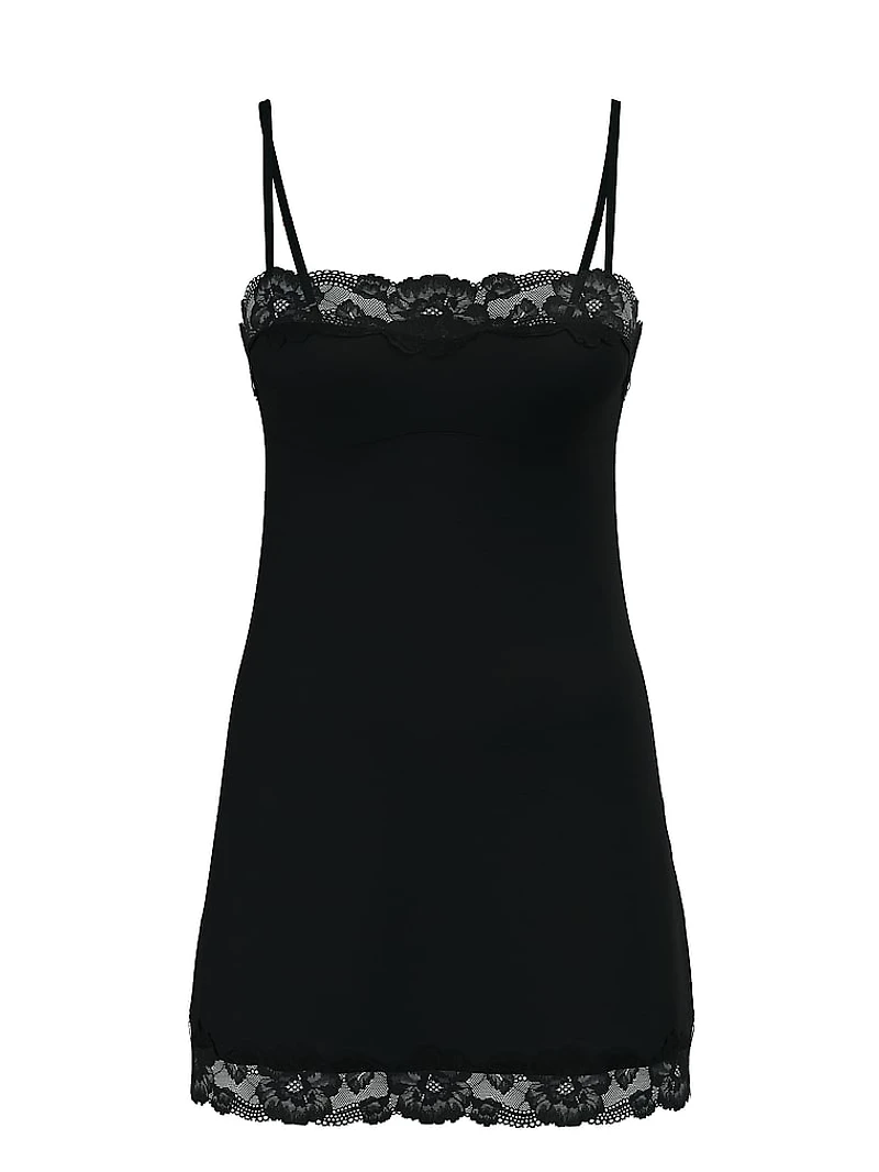 Modal Soft & Lace Trim Straight-Neck Slip Dress