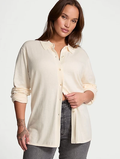Luxe Crème Knit Button-Up Shirt