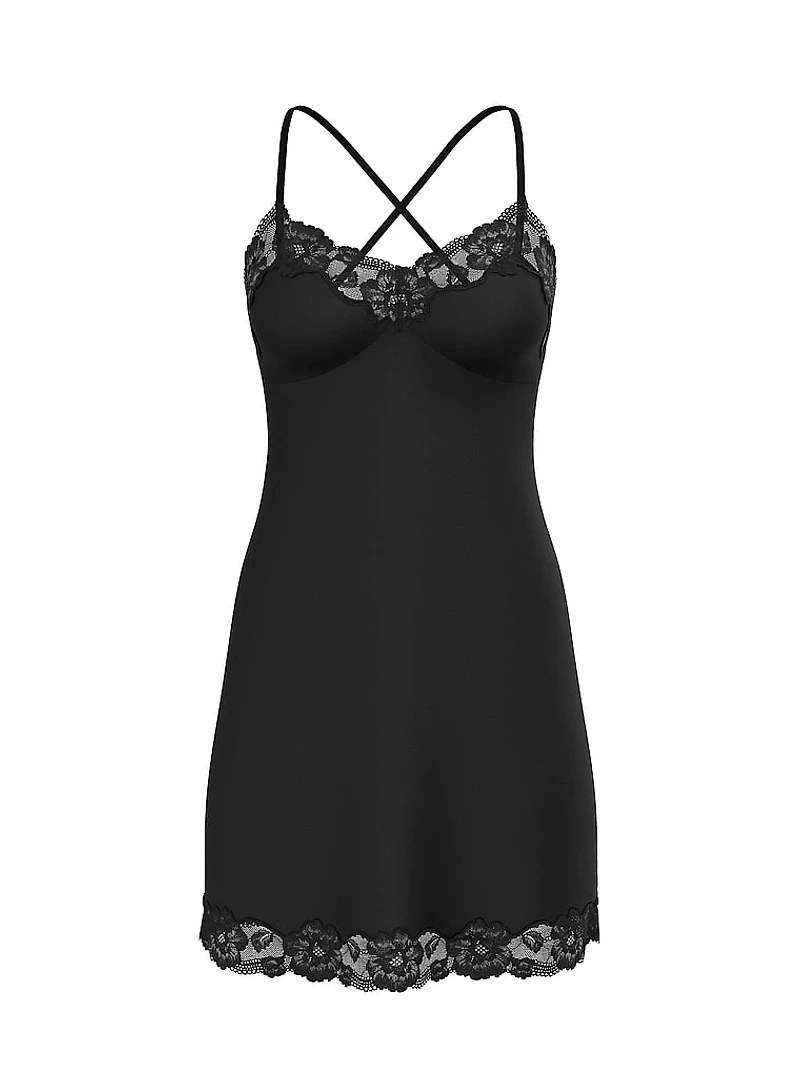 Ribbed Modal & Lace Cross-Back Slip Dress